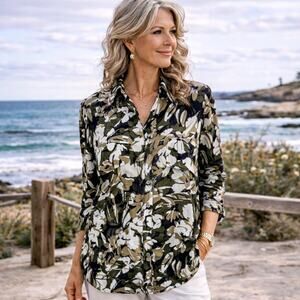 Chico's Olive Tan White Floral Semi Sheer Long Sleeve Top 4
